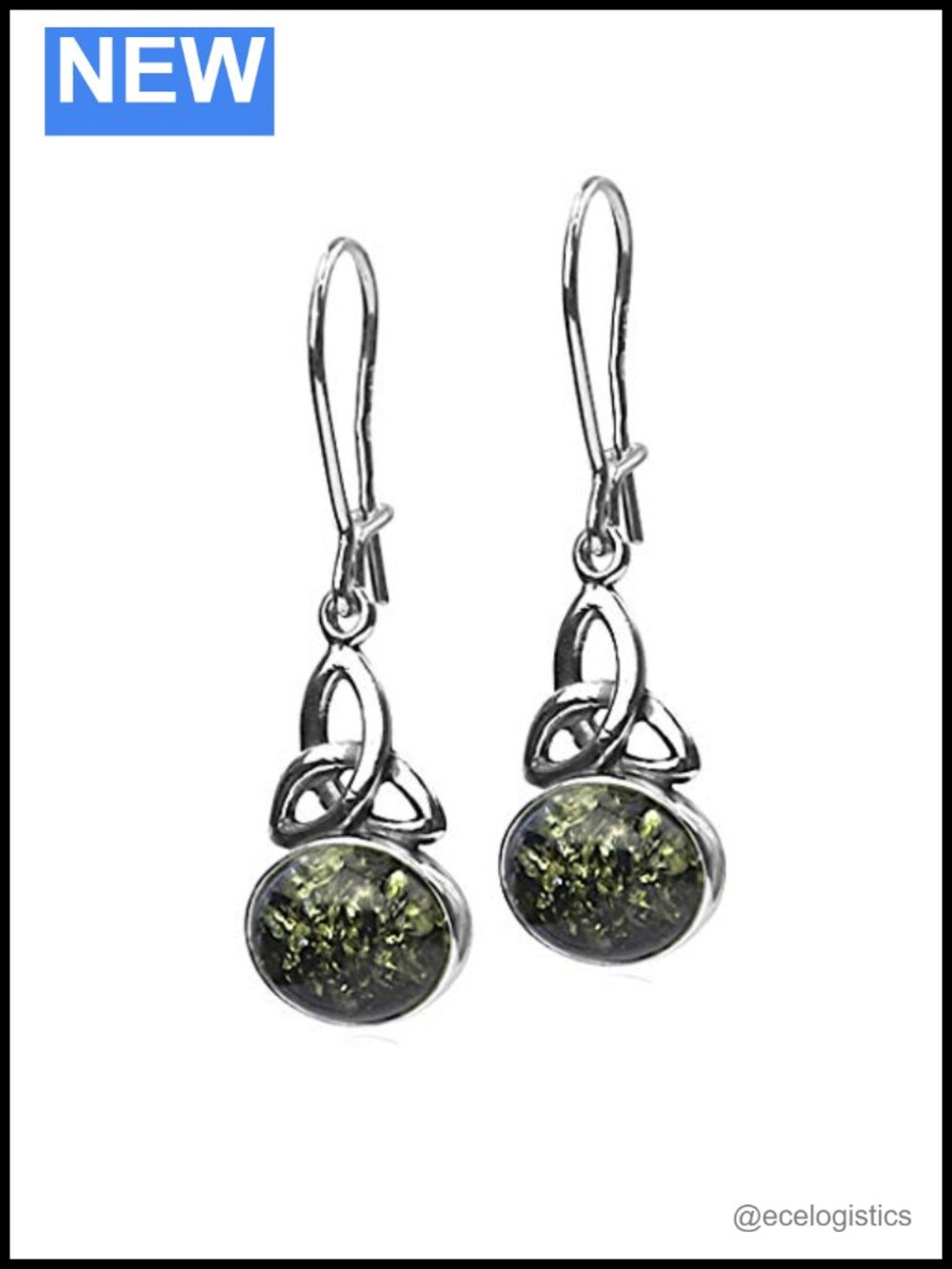 Sterling Silver Natural Amber Celtic Oval Drop Earrings